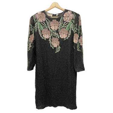 Scala Vintage Black Silk Floral Beaded Sequin Dre… - image 1