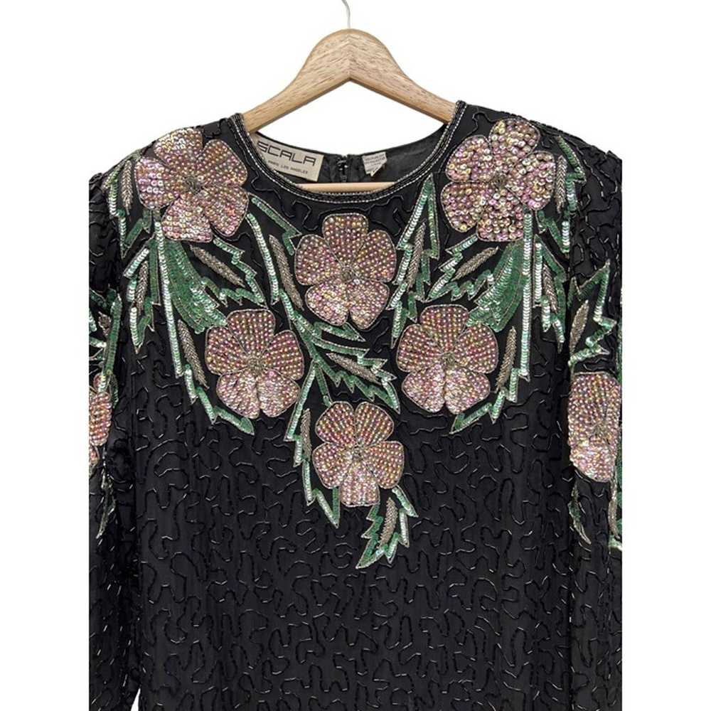 Scala Vintage Black Silk Floral Beaded Sequin Dre… - image 2