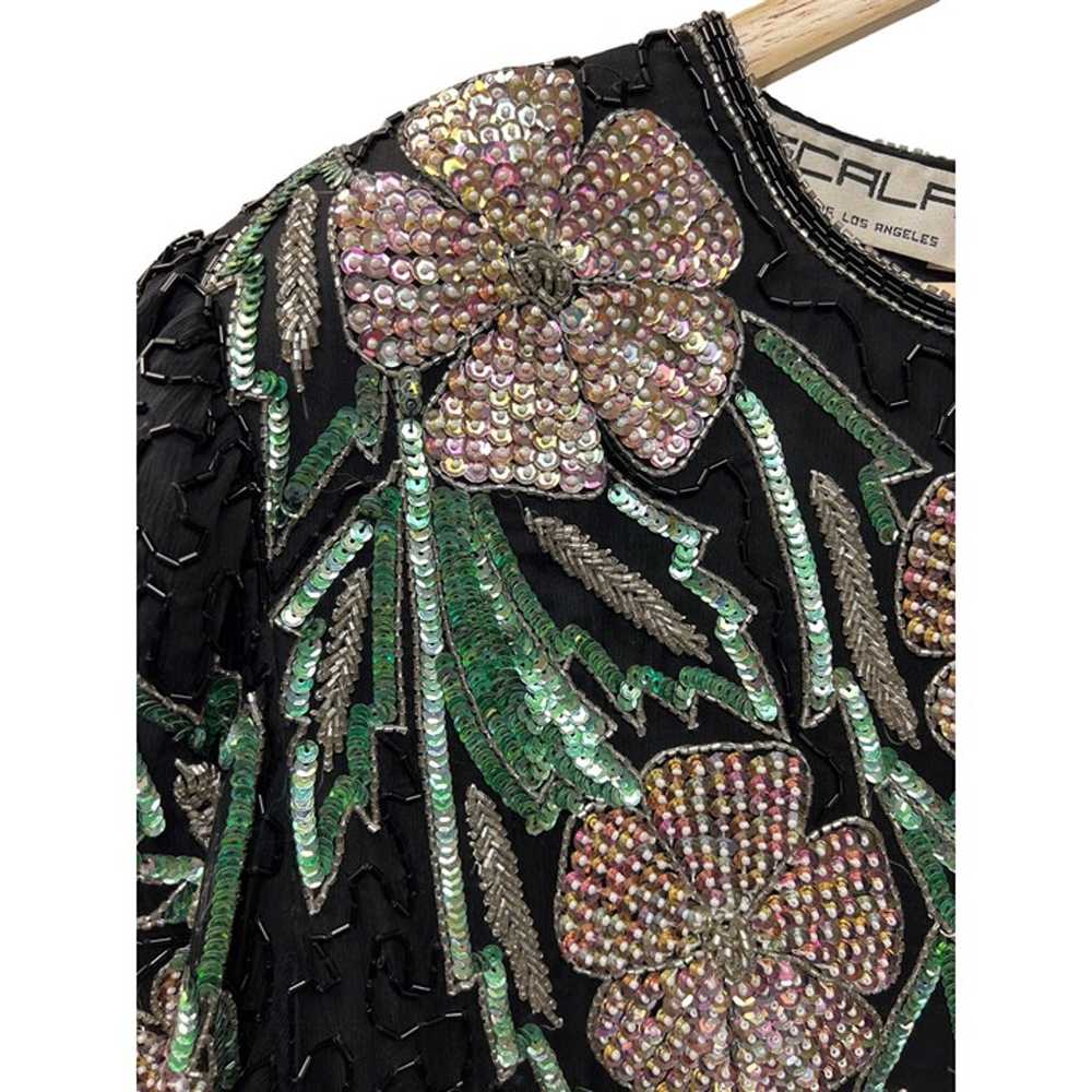 Scala Vintage Black Silk Floral Beaded Sequin Dre… - image 3