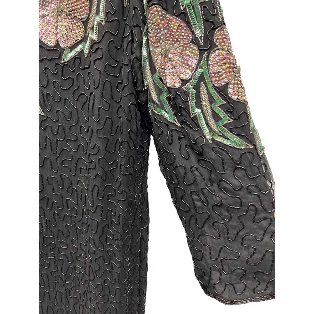 Scala Vintage Black Silk Floral Beaded Sequin Dre… - image 5
