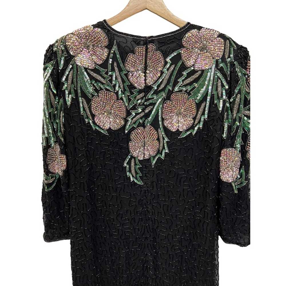 Scala Vintage Black Silk Floral Beaded Sequin Dre… - image 7