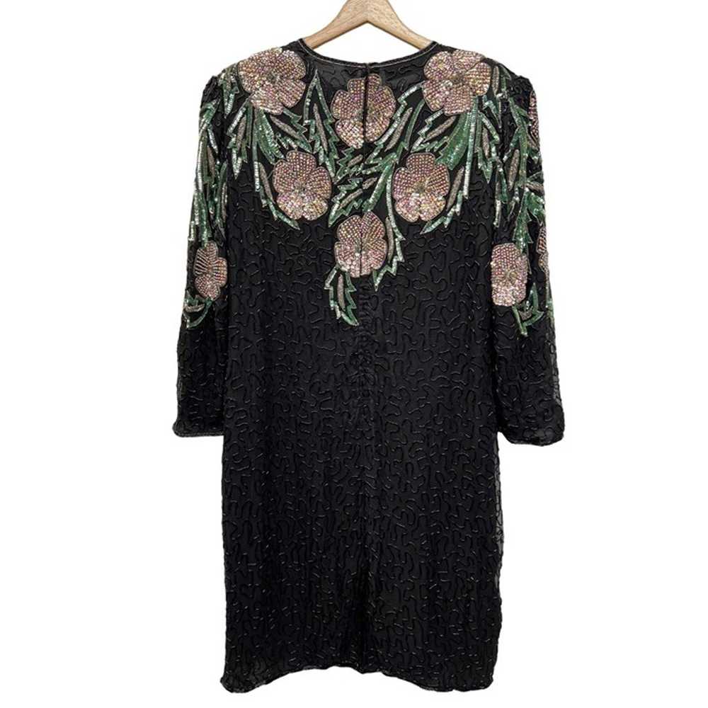 Scala Vintage Black Silk Floral Beaded Sequin Dre… - image 8