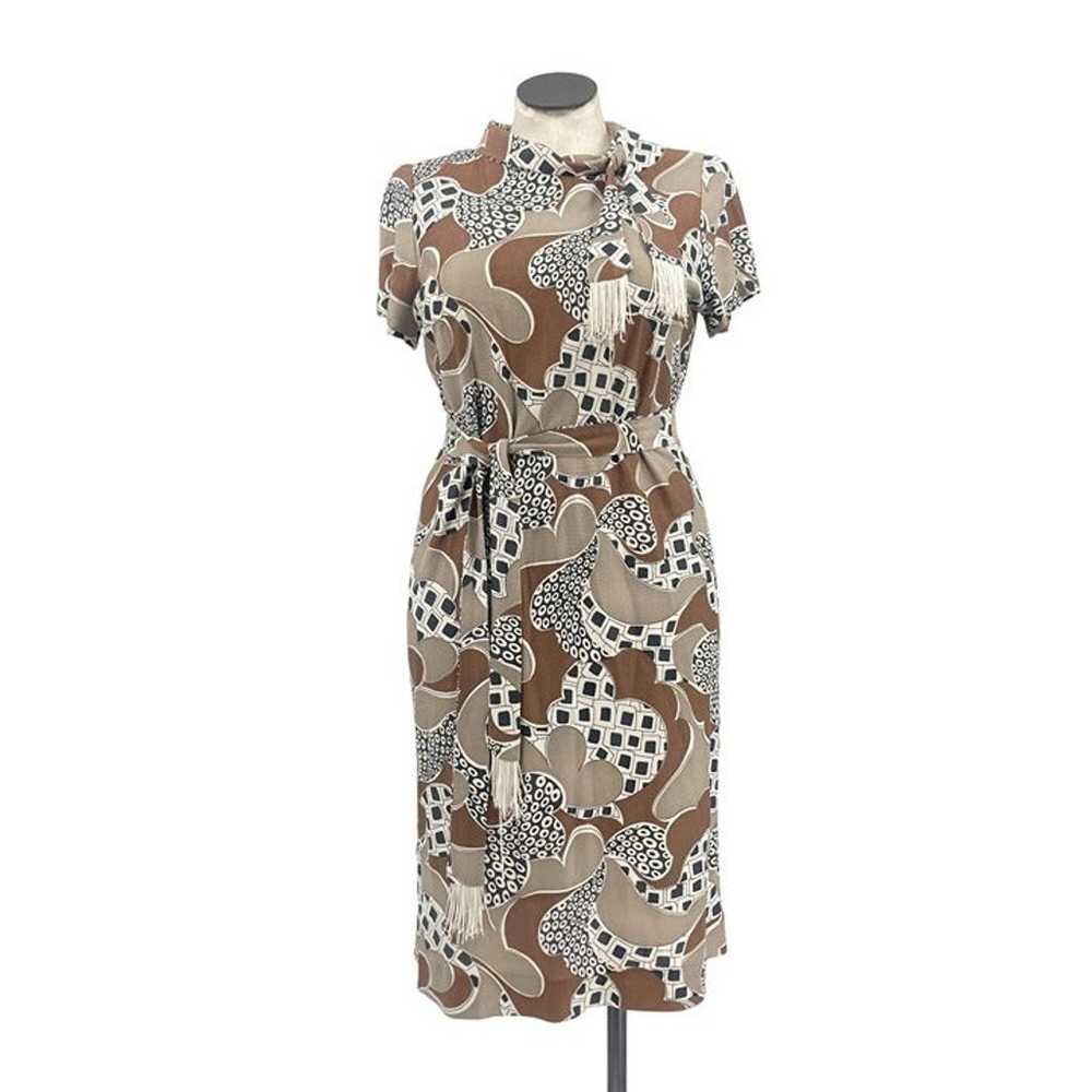 1960's Geometric Print Brown & Beige Dress with S… - image 1