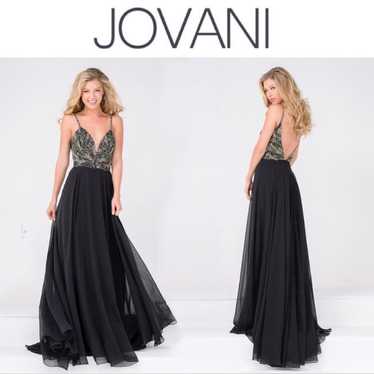 Jovani Black Chiffon Jeweled Lace Bodice Prom Gown - image 1