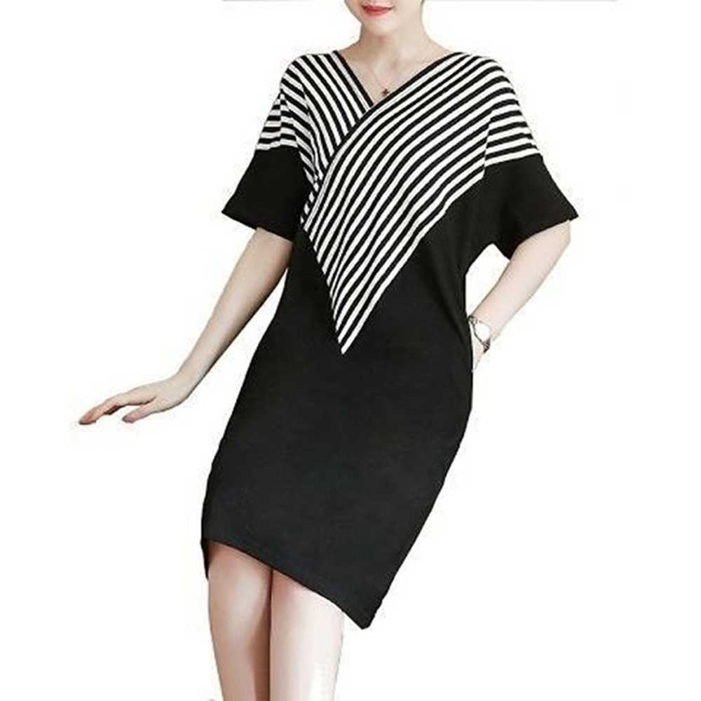 New fashion V-neck striped patchwork skirt mid-le… - image 2
