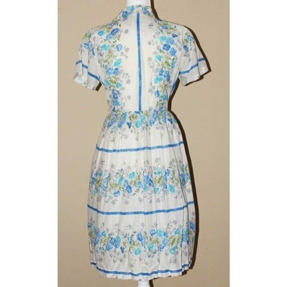 Vintage 50s Blue Floral Border Cotton Sun Day Dre… - image 2