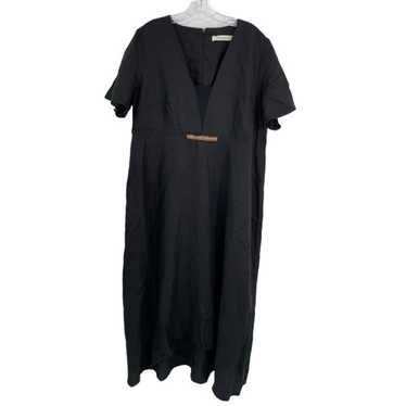 Marina Rinaldi Linen Dress Solid Black Short Slee… - image 1