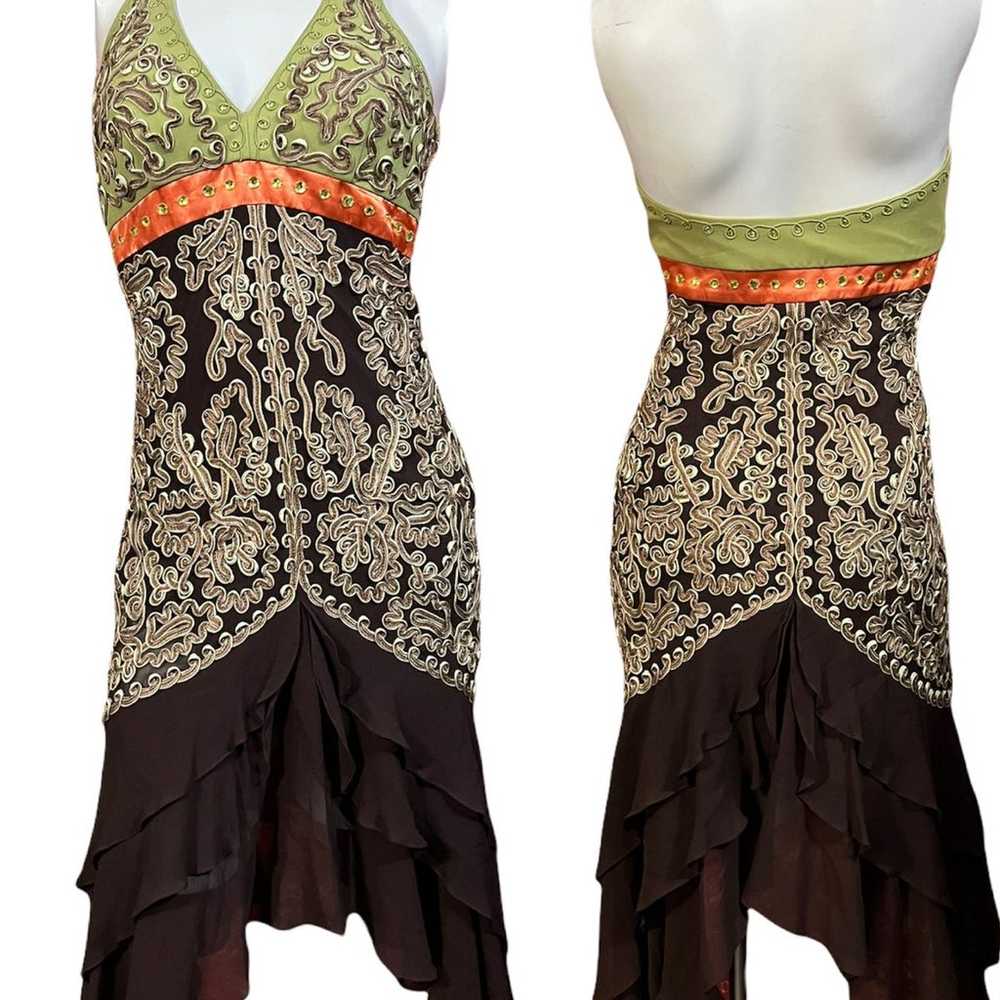 CACHE Asymmetric Silk Embroidered Halter Dress 2 - image 1
