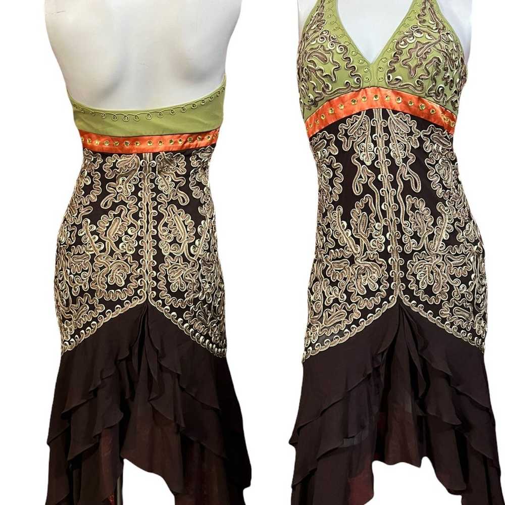 CACHE Asymmetric Silk Embroidered Halter Dress 2 - image 3