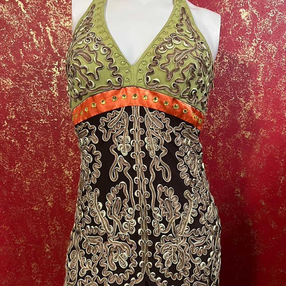 CACHE Asymmetric Silk Embroidered Halter Dress 2 - image 5