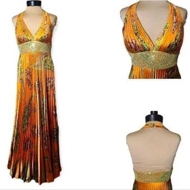 Faviana Couture Orange Paisley Beaded Pleated Gown