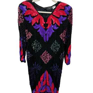 Vtg 80s 90s Silk Sequined Dress Black Purple Red … - image 1