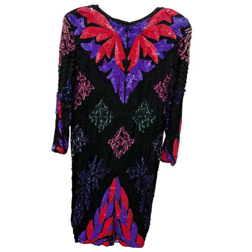 Vtg 80s 90s Silk Sequined Dress Black Purple Red … - image 6