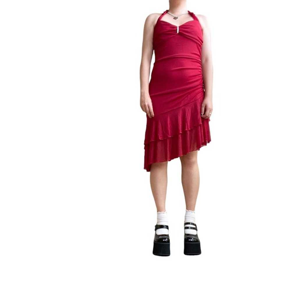 Ruched Halter Ruffle Red Midi Dress - image 1