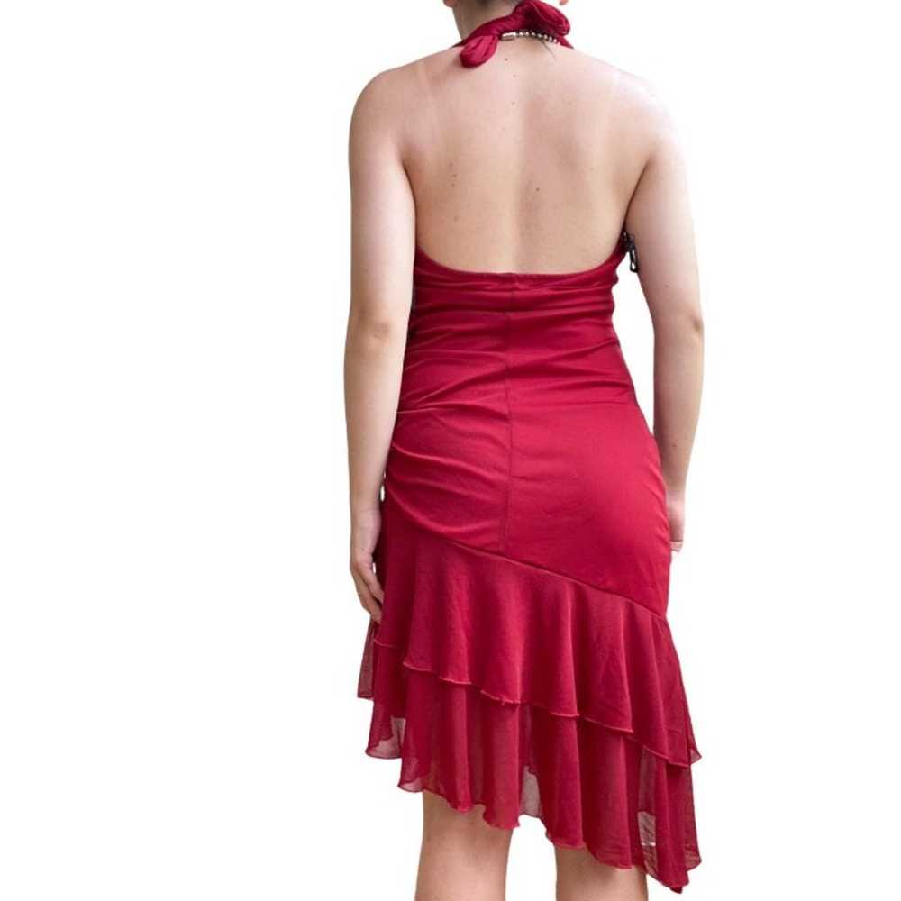 Ruched Halter Ruffle Red Midi Dress - image 2