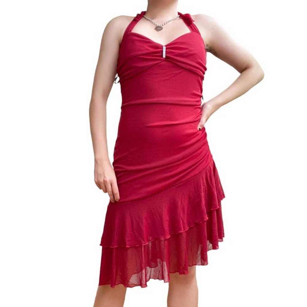 Ruched Halter Ruffle Red Midi Dress - image 3