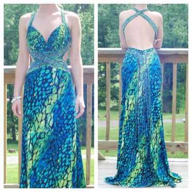 JOVANI OLIVE GREEN MERMAID STRAPLESS BEJEWELED LACE MAXI PROM