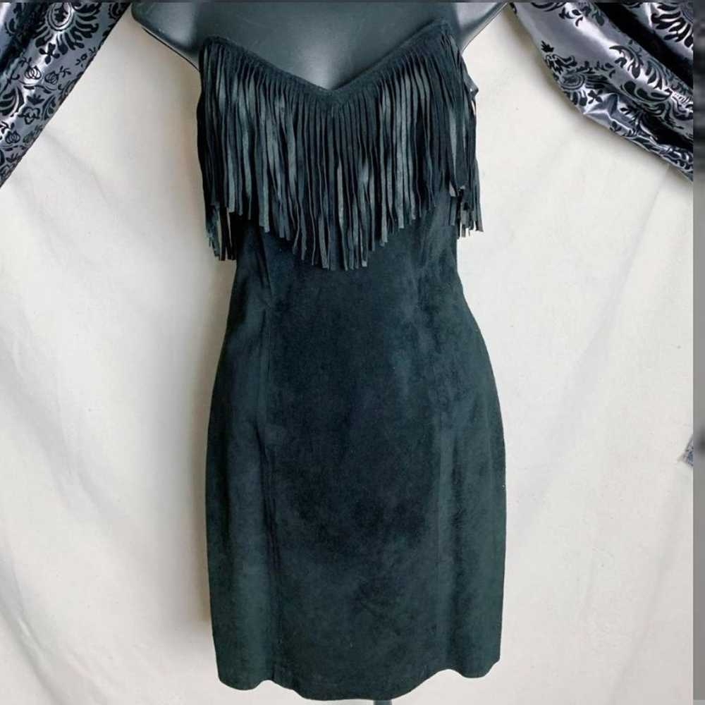 Black Leather Fringe Strapless Cocktail Dress - image 1