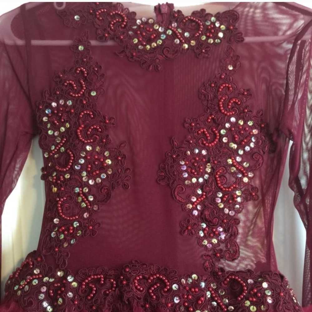 Burgundy Sheer Sequin Dress - image 2