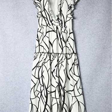 White Abstract Vein Print V Neck Ruffle Maxi Dress - image 1