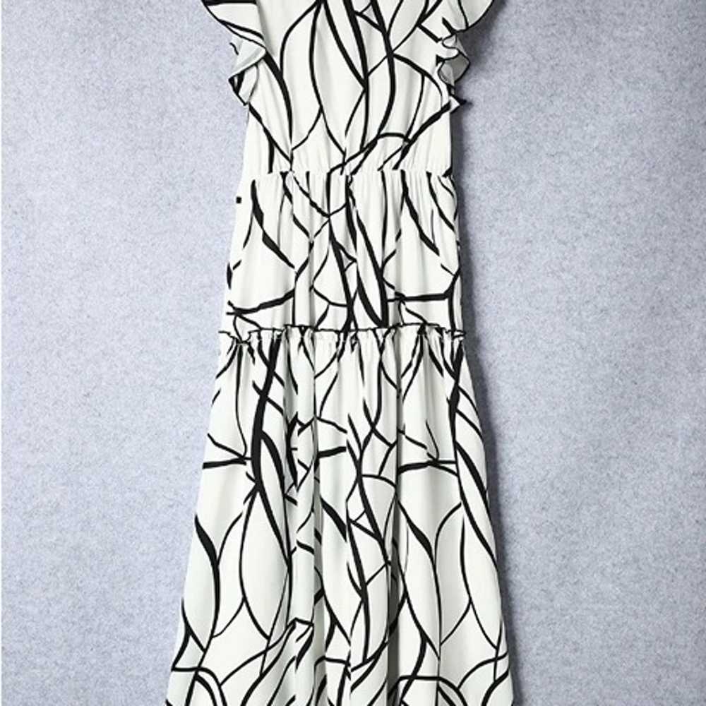 White Abstract Vein Print V Neck Ruffle Maxi Dress - image 2