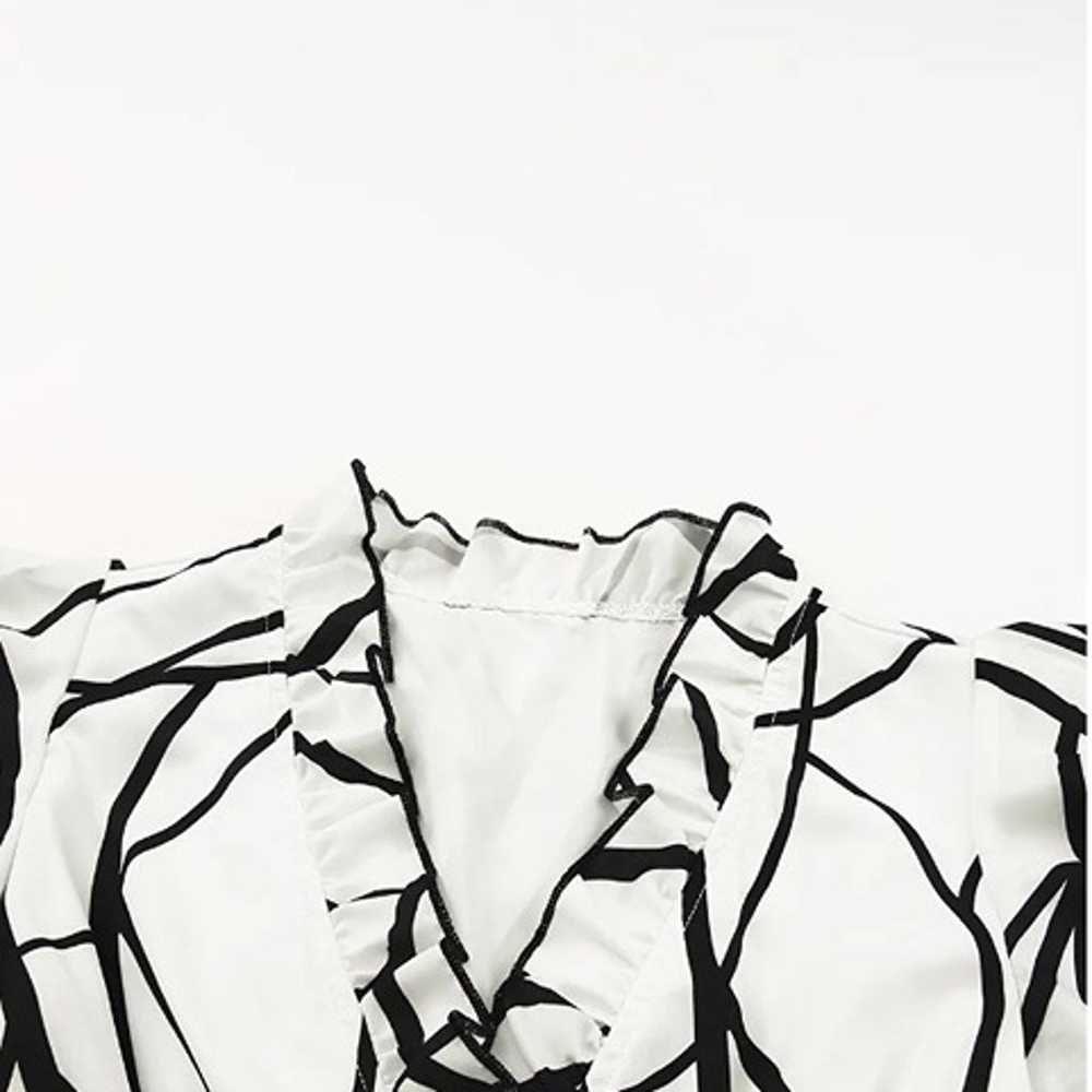 White Abstract Vein Print V Neck Ruffle Maxi Dress - image 3