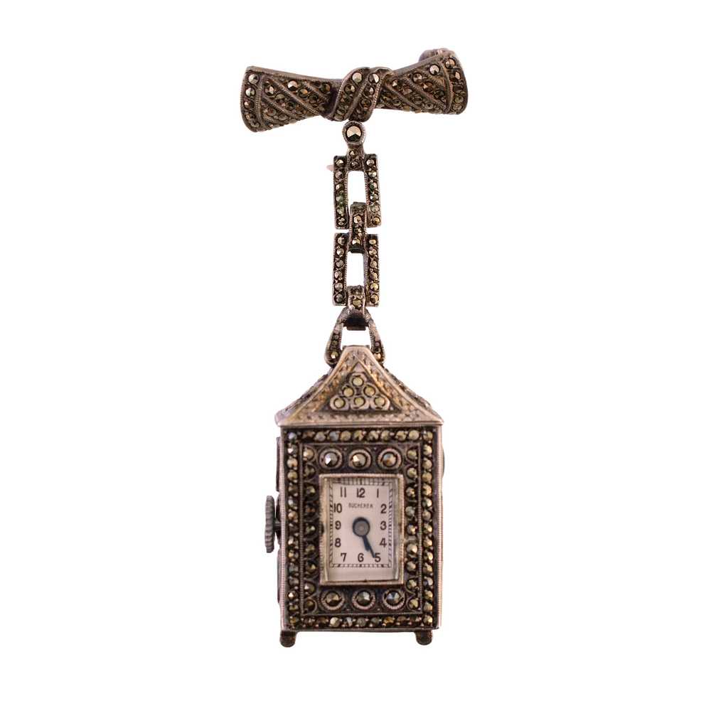 Bucherer Silver Marcasite Mechanical Watch Brooch - image 1