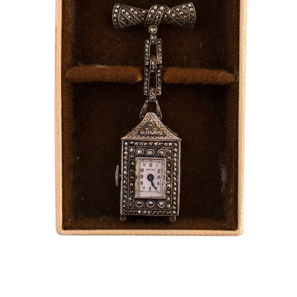 Bucherer Silver Marcasite Mechanical Watch Brooch - image 3