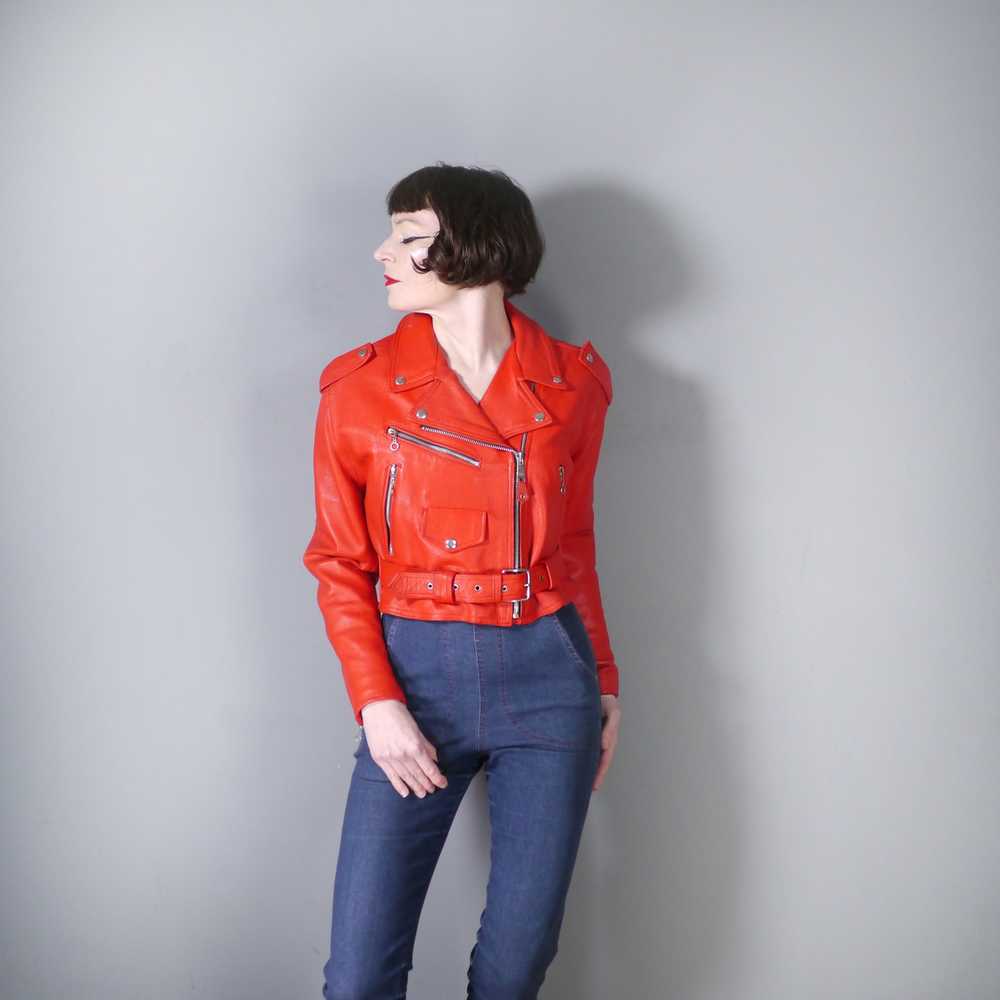 80s 90s "NICE" BRIGHT RED REAL LEATHER BIKER JACK… - image 3