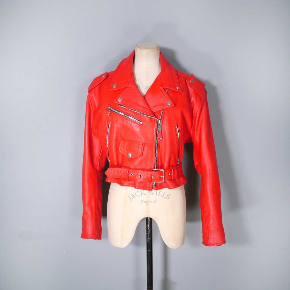 80s 90s "NICE" BRIGHT RED REAL LEATHER BIKER JACK… - image 5