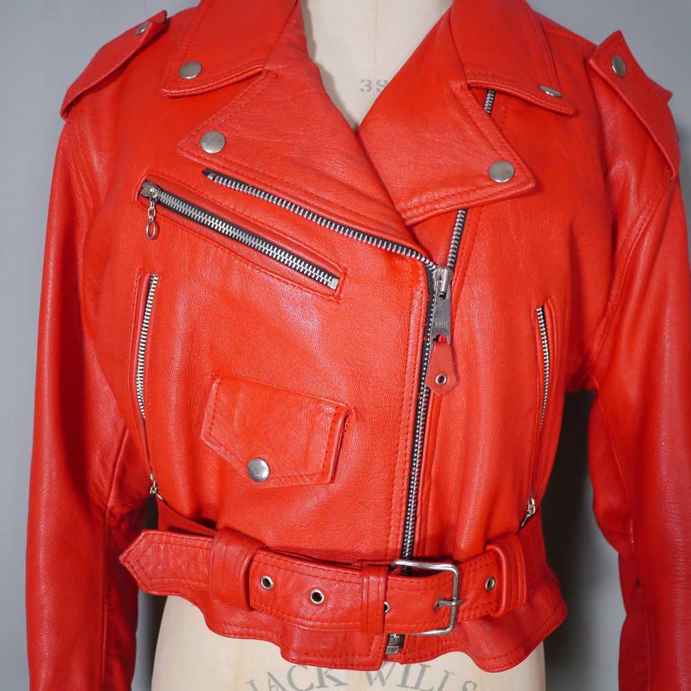 80s 90s "NICE" BRIGHT RED REAL LEATHER BIKER JACK… - image 6