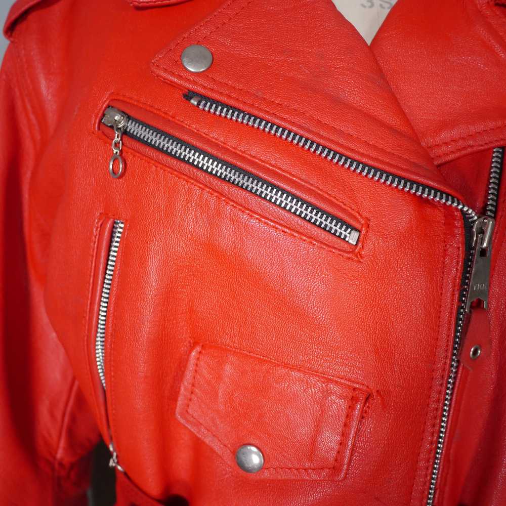 80s 90s "NICE" BRIGHT RED REAL LEATHER BIKER JACK… - image 8