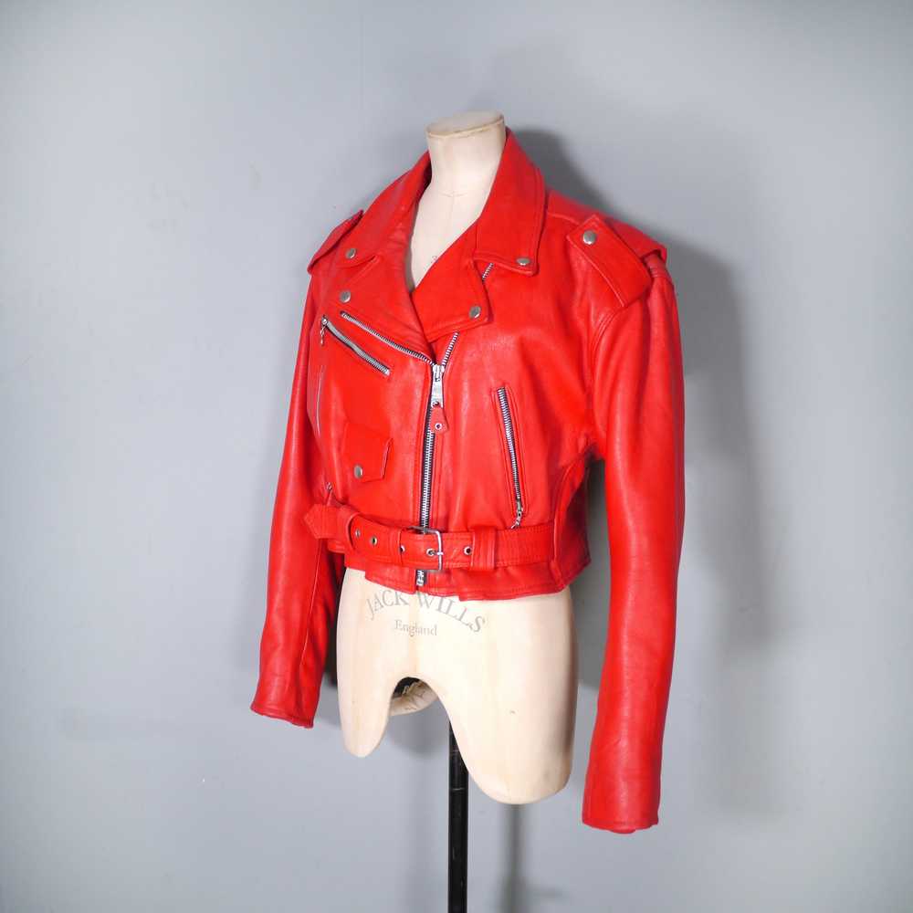 80s 90s "NICE" BRIGHT RED REAL LEATHER BIKER JACK… - image 9