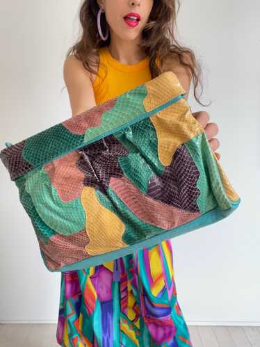 80s multicolored snake skin clutch bag