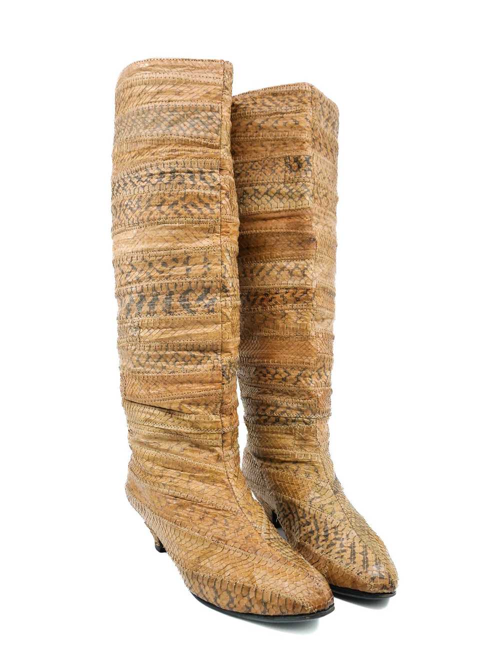 1980s Tan Patchwork Snakeskin Knee High Boots, 7 - image 3