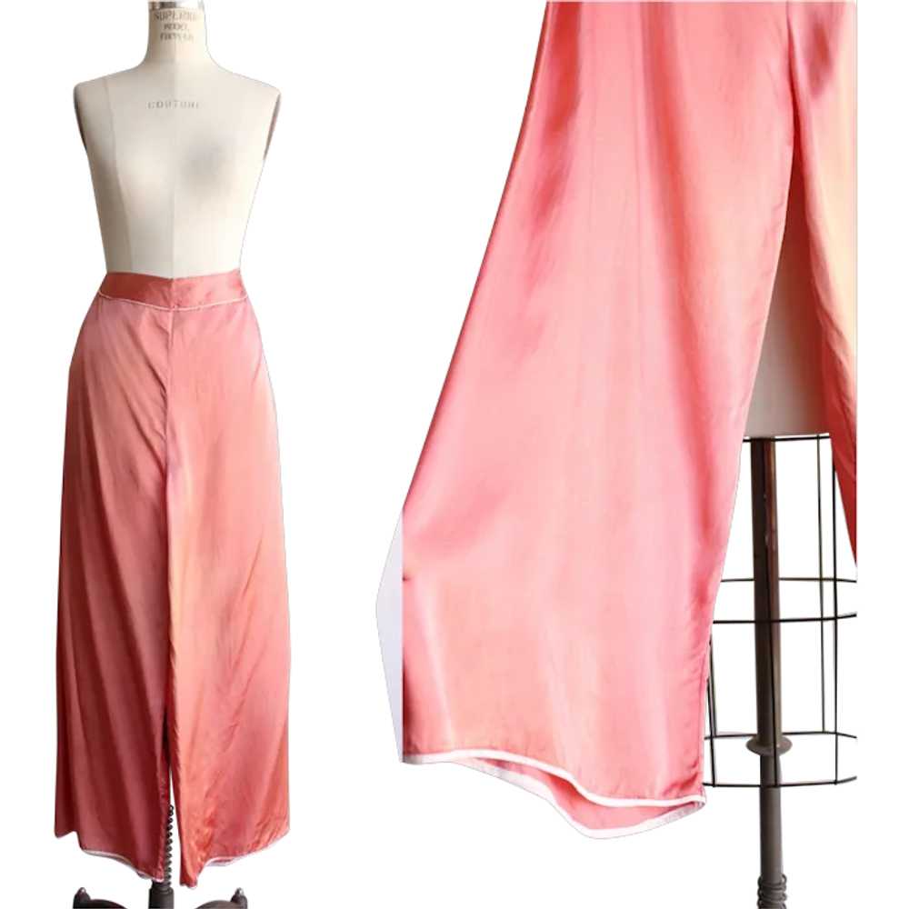 Vintage 1940s Pajama Pants, Pink Satin Wide Legge… - image 1