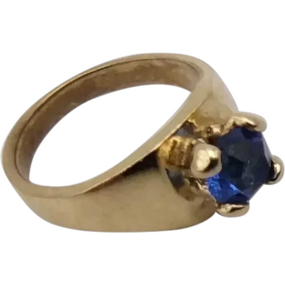 Ring blue glass stone 14k solid yellow gold charm - image 1