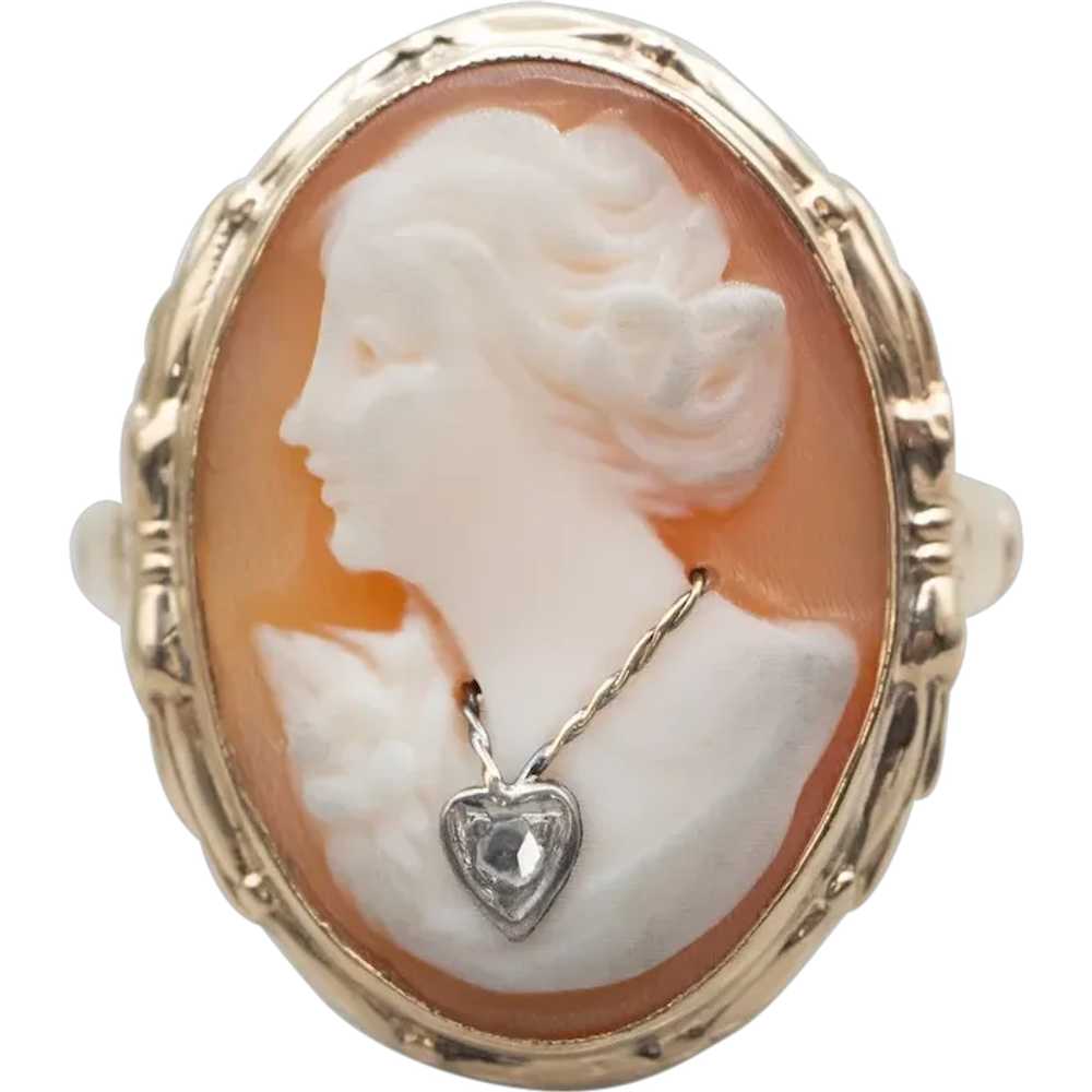 Vintage 1940s Cameo Ring with Rose Cut Diamond Ne… - image 1