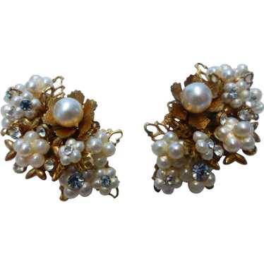 Miriam Haskell Styled Faux Pearl Rhinestone Earri… - image 1