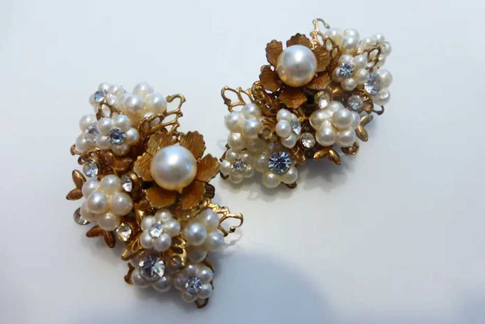 Miriam Haskell Styled Faux Pearl Rhinestone Earri… - image 2