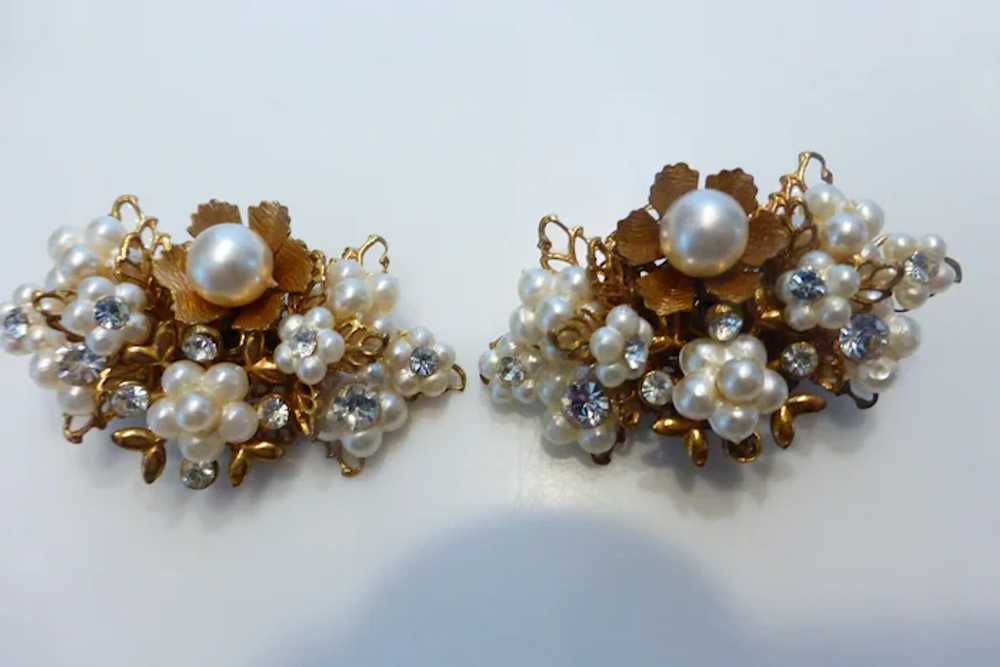 Miriam Haskell Styled Faux Pearl Rhinestone Earri… - image 3