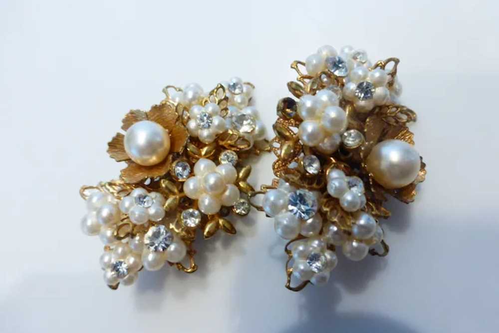 Miriam Haskell Styled Faux Pearl Rhinestone Earri… - image 4