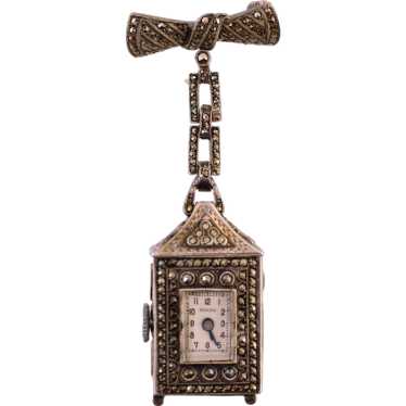 Bucherer Silver Marcasite Mechanical Watch Brooch