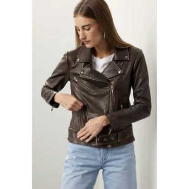 Veda Veda Classic Leather Moto Jacket Brown Distr… - image 1