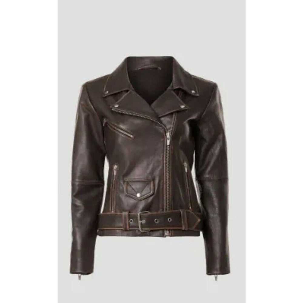 Veda Veda Classic Leather Moto Jacket Brown Distr… - image 3