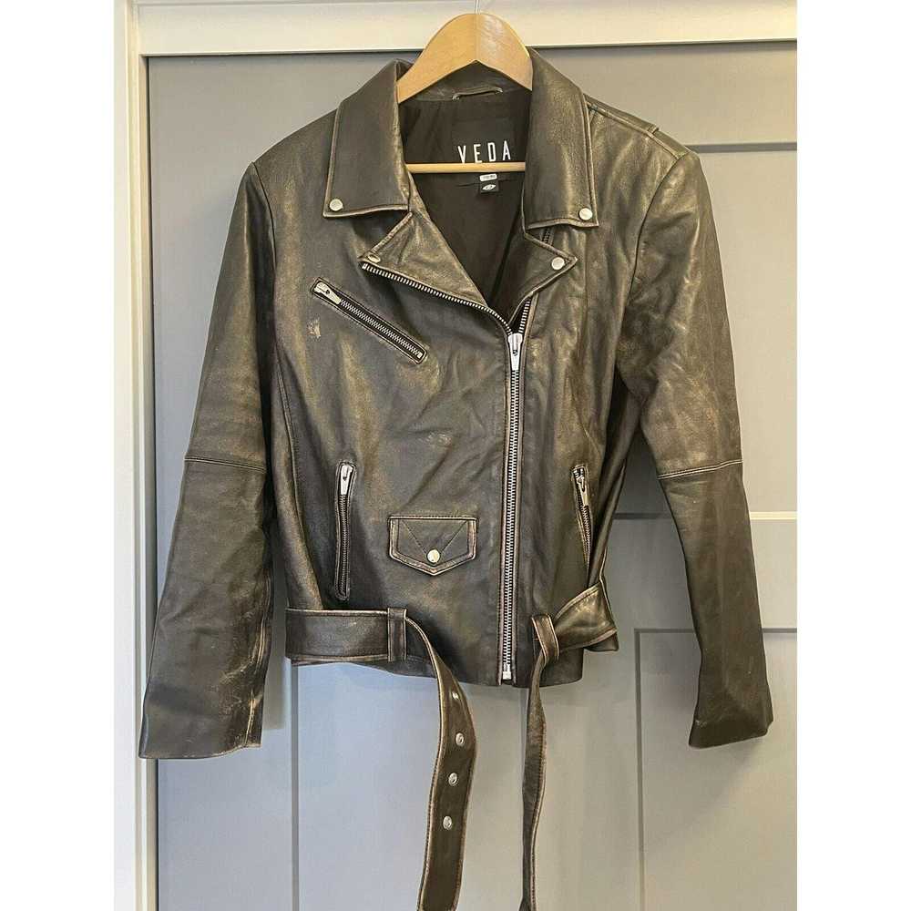 Veda Veda Classic Leather Moto Jacket Brown Distr… - image 4