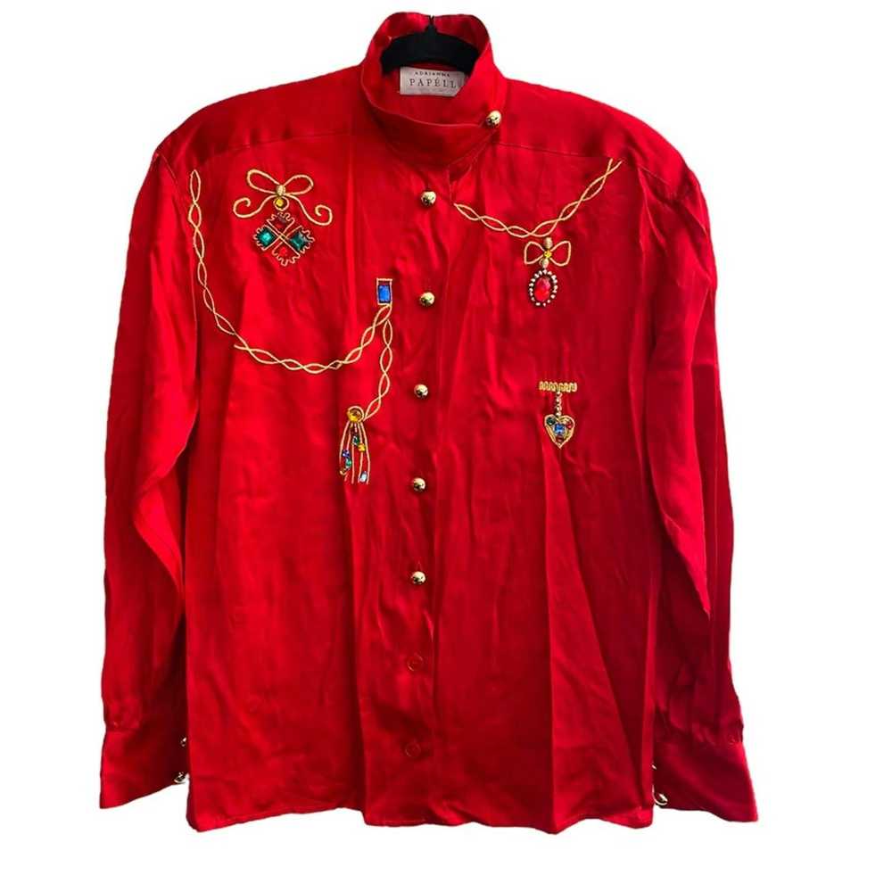 Vintage Adrianna Papell Red Silk Embroidery Jewel… - image 1