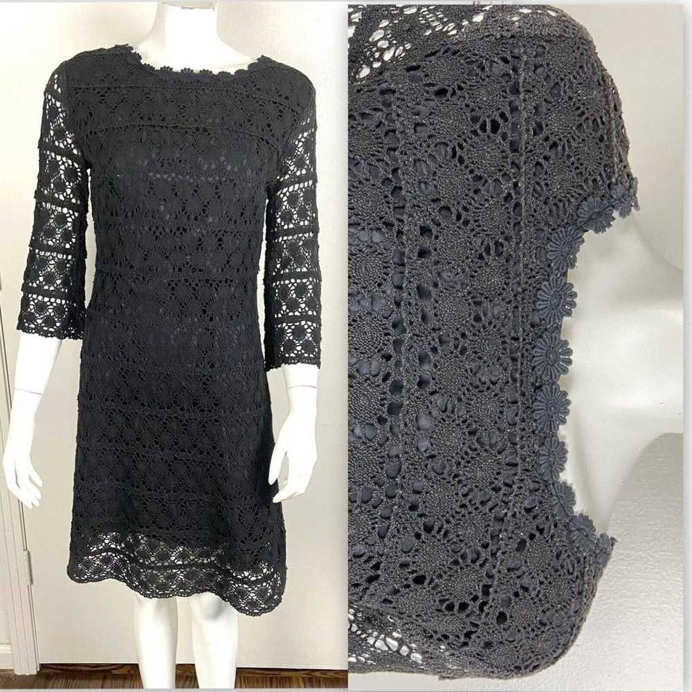 Vintage 60s 70s Black Crochet Lace Mini Shift Dre… - image 1