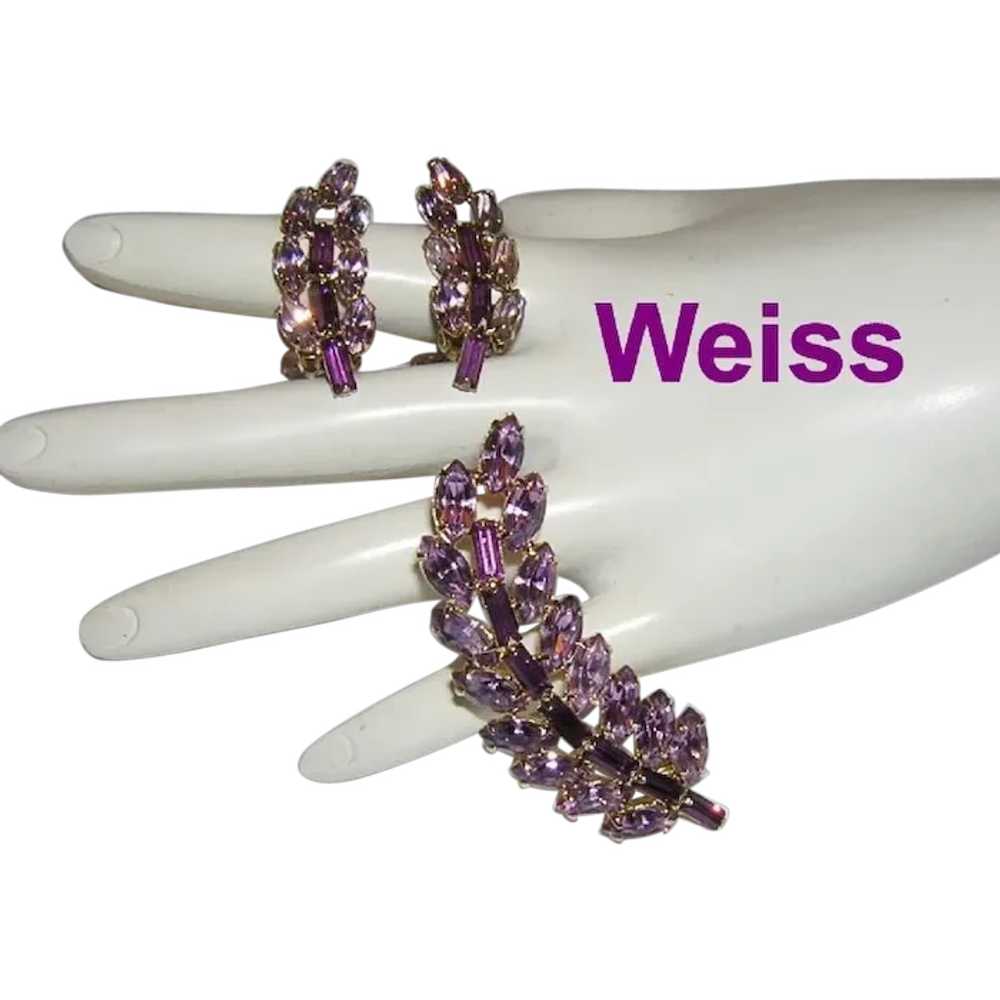 WEISS Purple Marquise Rhinestones FIGURAL Pin & E… - image 1