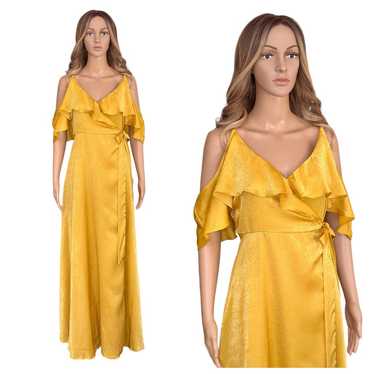 Missguided Satin Wrap Dress 4 S Small Mustard Yellow Bell Sleeve